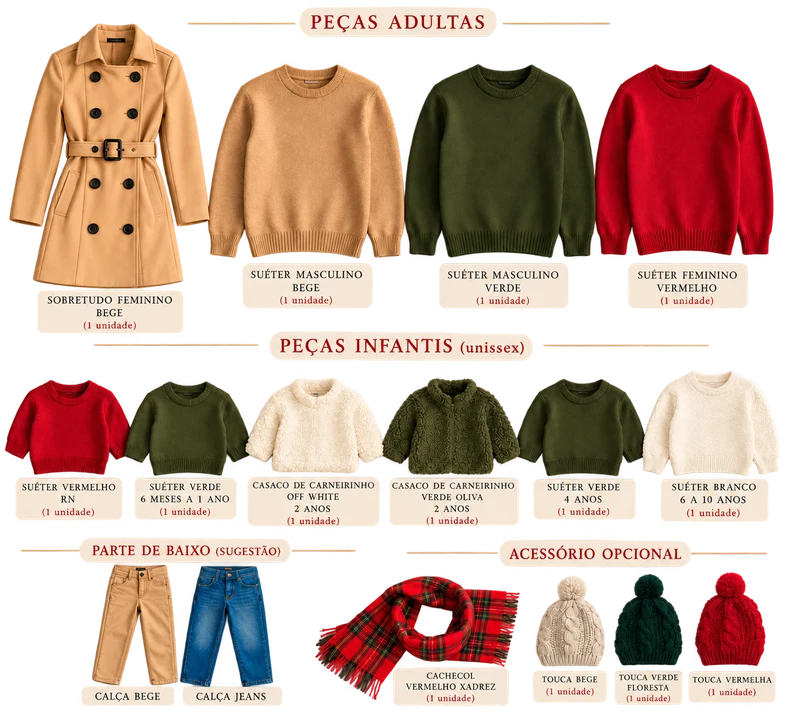 Peças adultas e infantis do acervo: sobretudo bege, suéteres bege, verde, vermelho e branco, casacos de carneirinho, calças, cachecol xadrez e toucas